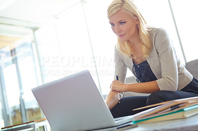 Buy stock photo Business, thinking and woman with laptop, typing and connection with research, website info and idea. Planning, problem solving and consultant with pc, risk management and compliance policy in office