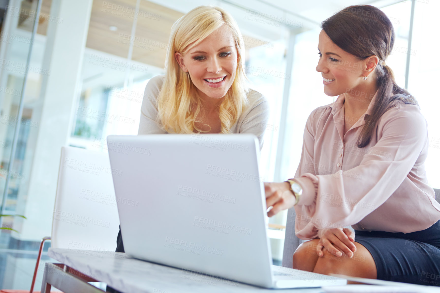 Buy stock photo Laptop, meeting and business women in office for discussion, online project review and consulting. Corporate company, collaboration and people talking on computer for research, website and feedback