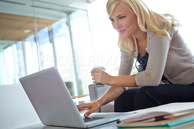 Buy stock photo Business, reading and woman with laptop, typing and connection with research, website info and app. Coffee, employee and consultant with pc, risk management and compliance policy in modern office