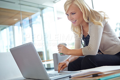 Buy stock photo Business, thinking and woman with laptop, typing and connection with research, online reading and app. Coffee, employee and consultant with pc, proposal and compliance policy with email notification