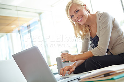 Buy stock photo Coffee, laptop and portrait of employee woman in office for administration, agenda planning or research. Computer, development and smile with happy business person in workplace for online schedule