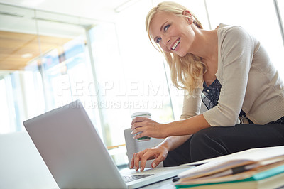 Buy stock photo Business woman, laptop and smile with writer application files with professional recruiter at desk with coffee. Manuscript, employee and tech with staff info at digital publishing and press office