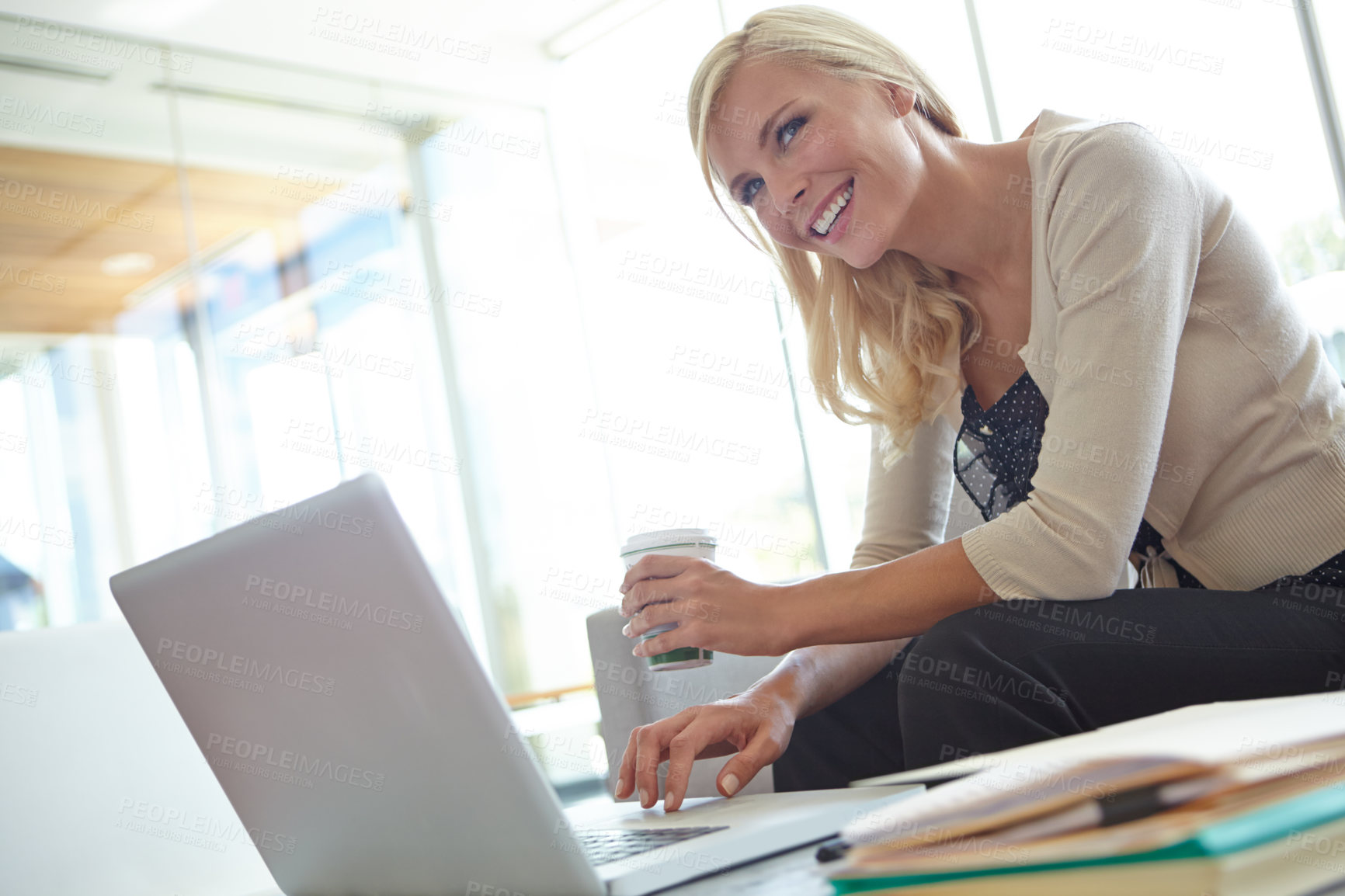 Buy stock photo Business woman, laptop and thinking of writer application files with professional at desk with coffee. Manuscript proposal, employee and tech with staff info at digital publishing and press office