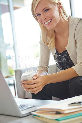 Buy stock photo Coffee, portrait and smile with business woman at desk in office for administration or planning. Break, laptop and research with happy employee in professional workplace for agenda or schedule