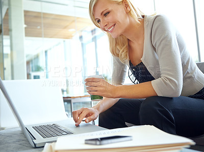 Buy stock photo Business woman, laptop and paperwork of online writer application with professional at desk with coffee. Manuscript, employee email and tech with staff info at digital publishing and press office