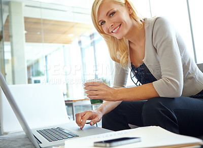 Buy stock photo Coffee, laptop and portrait with happy woman employee at desk in office for administration or planning. Computer, research and scrolling with business person in workplace for agenda or schedule