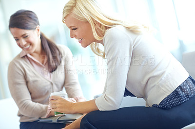 Buy stock photo Women, together and happy with coffee in office, thinking or teamwork for problem solving at company. Business people, partnership and smile for collaboration, synergy or solution at corporate agency