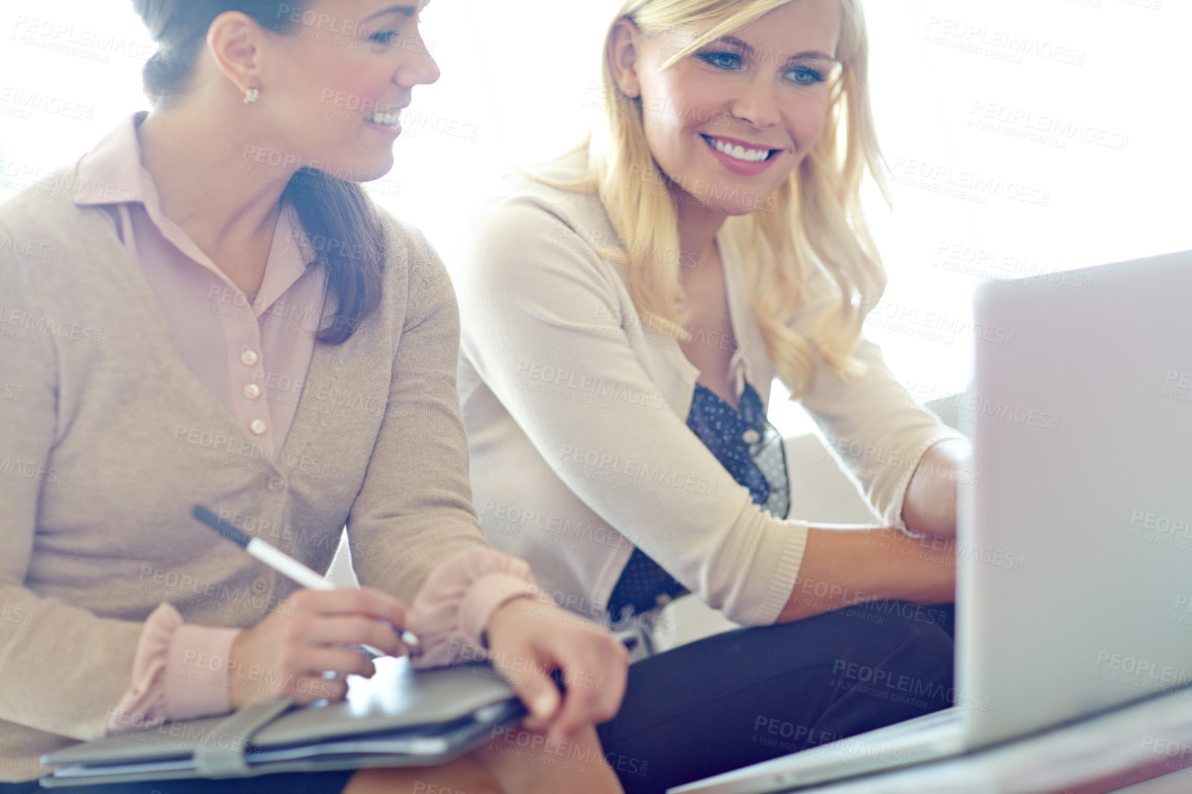 Buy stock photo Discussion, laptop and meeting with business women in office together for administration or planning. Coaching, computer or training with colleague and employee in workplace for career development