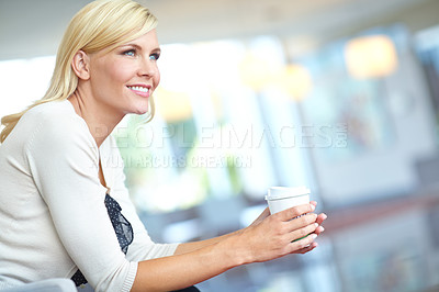 Buy stock photo A beautiful corporate woman holding a take away coffee - Copyspace