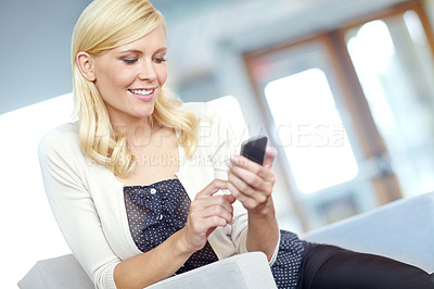 Buy stock photo Business woman, mobile and happy for website, internet and online application in office with scroll. Employee, phone and communication for networking, social media and research in workplace with app