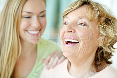 Buy stock photo Home, senior mother and woman with laughing for joke, funny memory and connection with bonding together. Happy people, mom and adult daughter with love embrace for family, relationship and relaxing