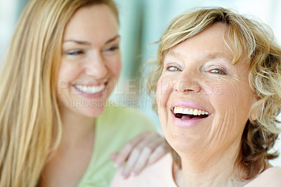 Buy stock photo Home, senior mother and woman in portrait with laughing, funny memory and connection with bonding together. Happy people, mom and adult daughter with love embrace for family, relationship and relax