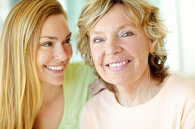 Buy stock photo Home, senior mother and woman in portrait with connection, funny memory and bonding together with smile. Happy people, mom and adult daughter with love embrace for family, relationship and laughing