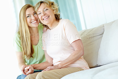 Buy stock photo Couch, senior mother and woman in portrait with connection, funny memory and bonding together in home. Happy people, mom and adult daughter with love embrace for family, relationship and laughing