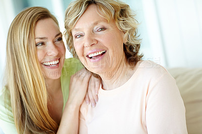 Buy stock photo Smile, portrait and woman with senior mother in home for family, connection and fun together. Happy, relax and female person hug elderly mom with care, love and appreciation in living room at house.