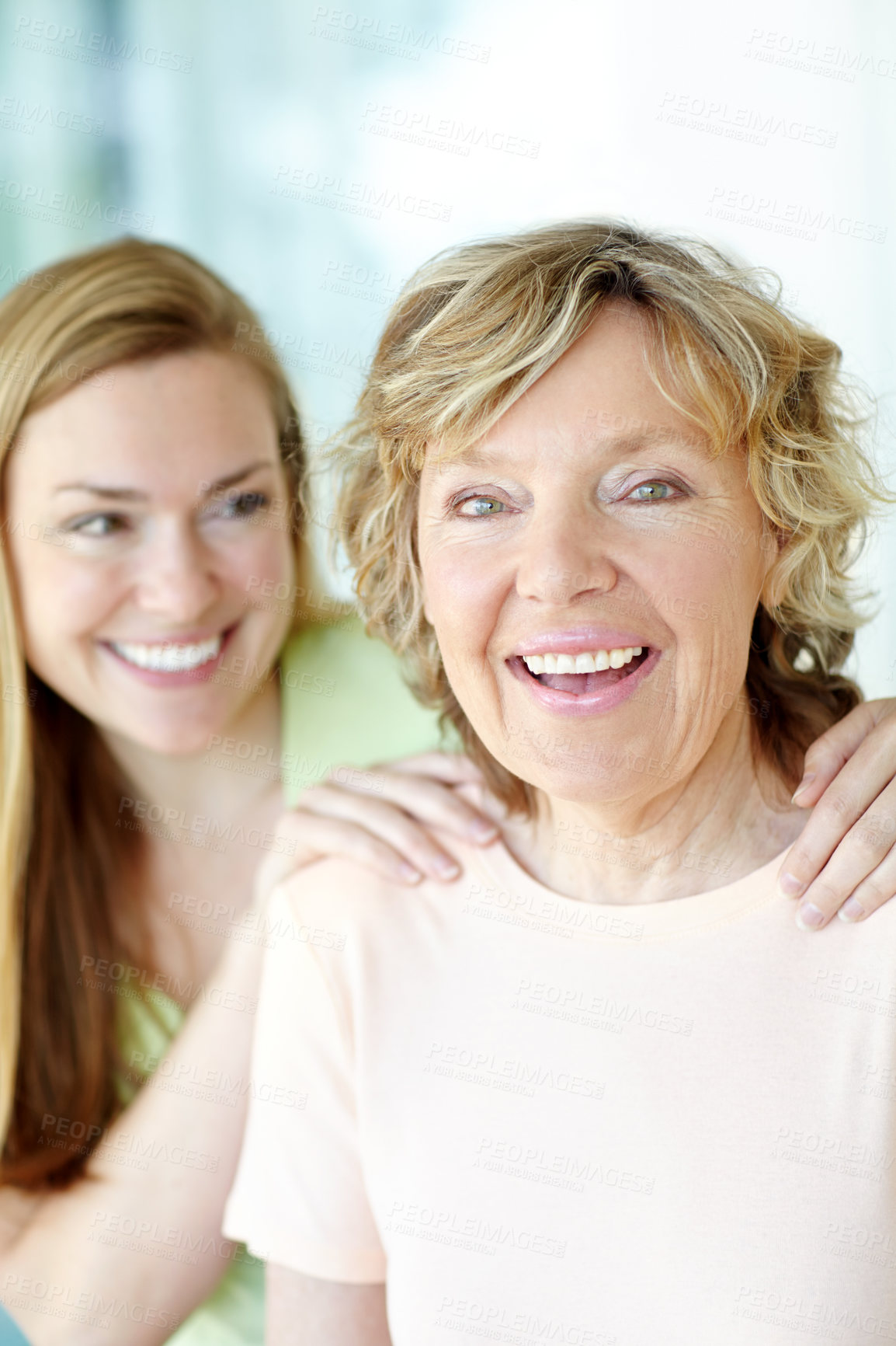 Buy stock photo Portrait, mature mother and daughter in home with bonding, smile and morning embrace in living room together. Relax, senior mom and girl with happy face for love, care and family support in apartment