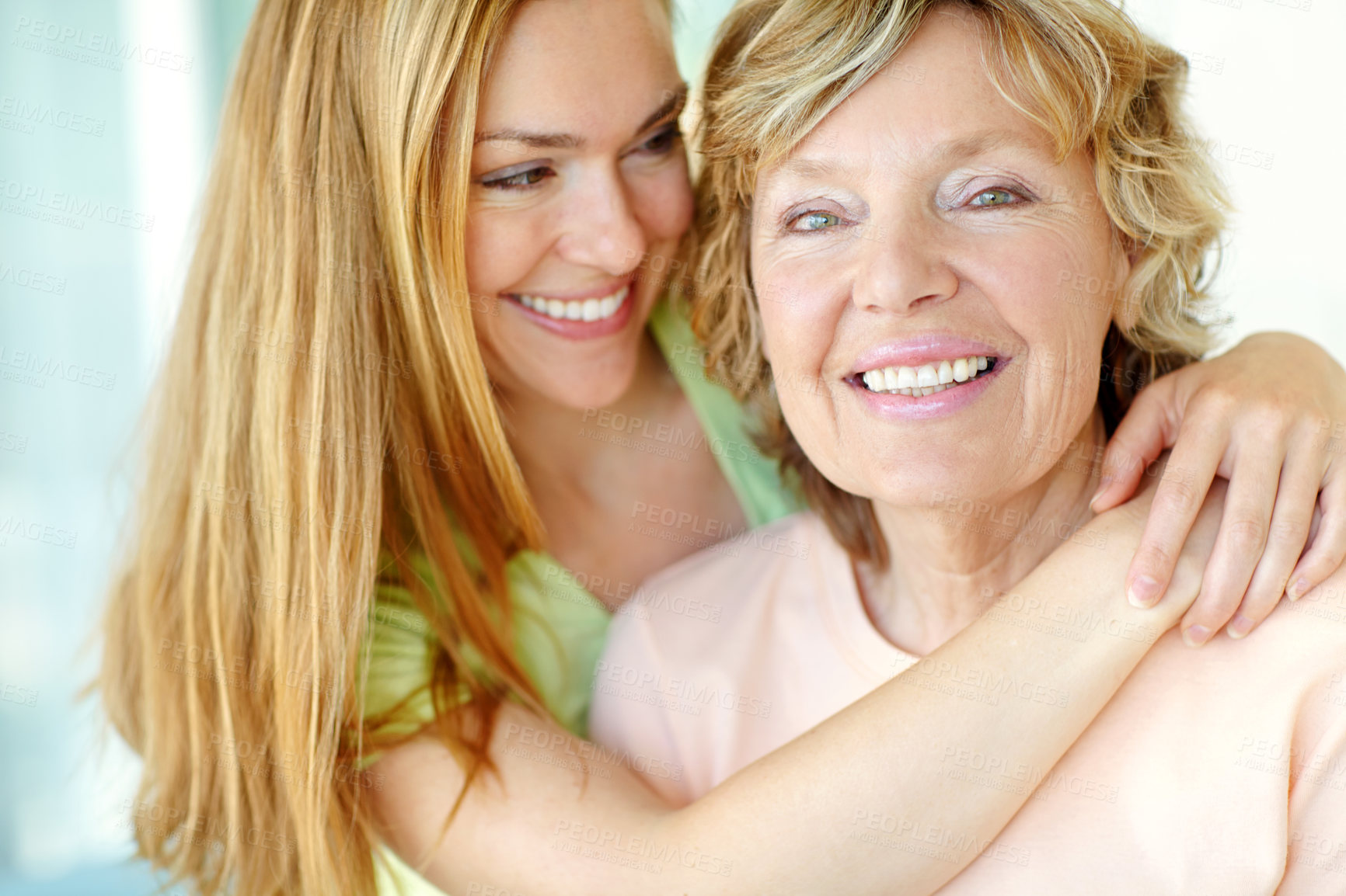 Buy stock photo Home, senior mother and woman in portrait for love, funny memory and bonding together with hug. Happy people, mom and adult daughter with connection for family, relationship and laughing in house