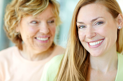 Buy stock photo Smile, bonding and portrait of woman with senior mother in home for family, connection and fun together. Happy, relax and female person embracing elderly mom with care, love and appreciation at house