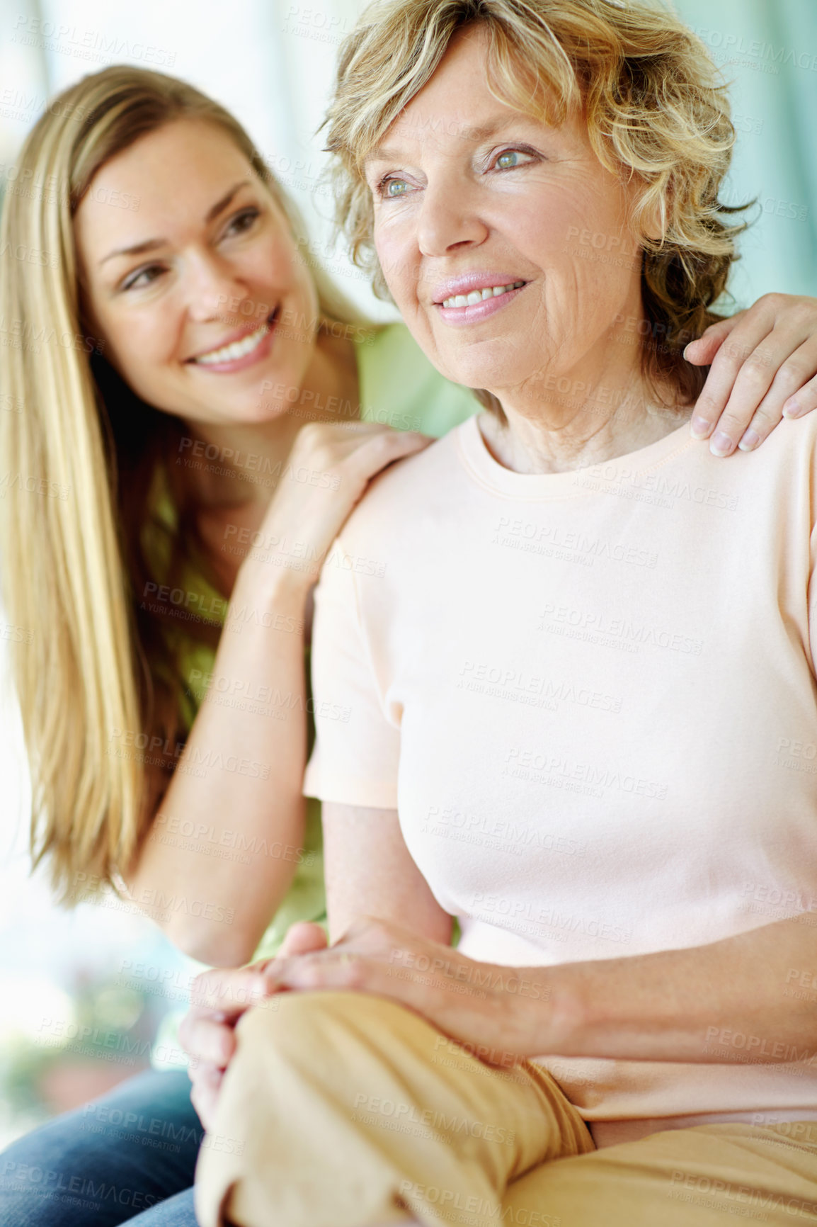 Buy stock photo Home, mature mother and daughter with care, morning bonding and smile on sofa in living room together. Relax, senior mom and girl on couch with love, thinking and happy family support in apartment