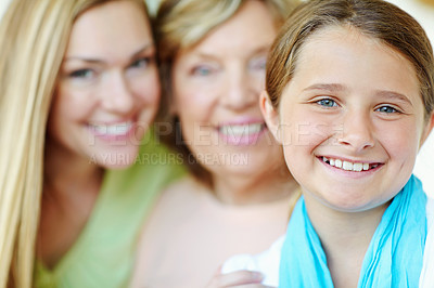 Buy stock photo Girl, happy child and mother with grandmother in portrait for family generations, love and together. Face, mom and kid with grandparent for support, care and smile with women at home in Switzerland