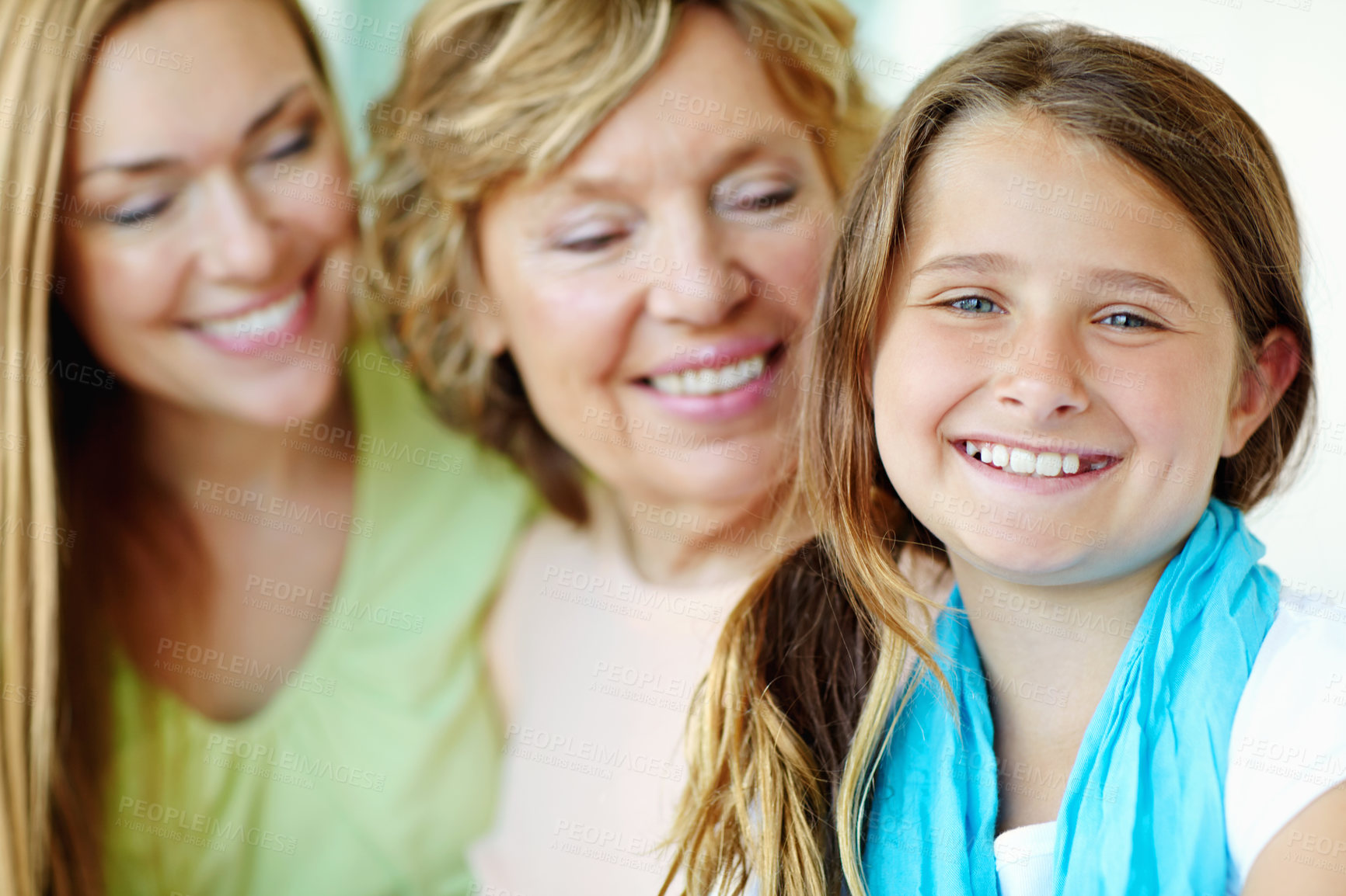 Buy stock photo Girl, happy child and mother with grandmother for family generations with care, love and bonding together. Smile, mom and kid with grandparent for support, connection and relax with women at home