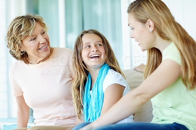 Buy stock photo Happy family, grandmother and bonding with child, smile and relax on holiday or vacation for break. Senior woman, mother and kid in laughing together for love, support and care as generation in house