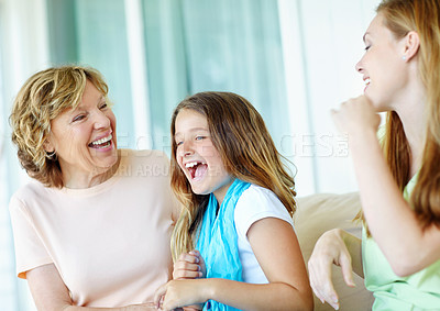 Buy stock photo Happy family, grandmother and laughing with child, smile and relax on holiday or vacation for break. Senior woman, mother and kid in bonding together for love, support and care as generation in house