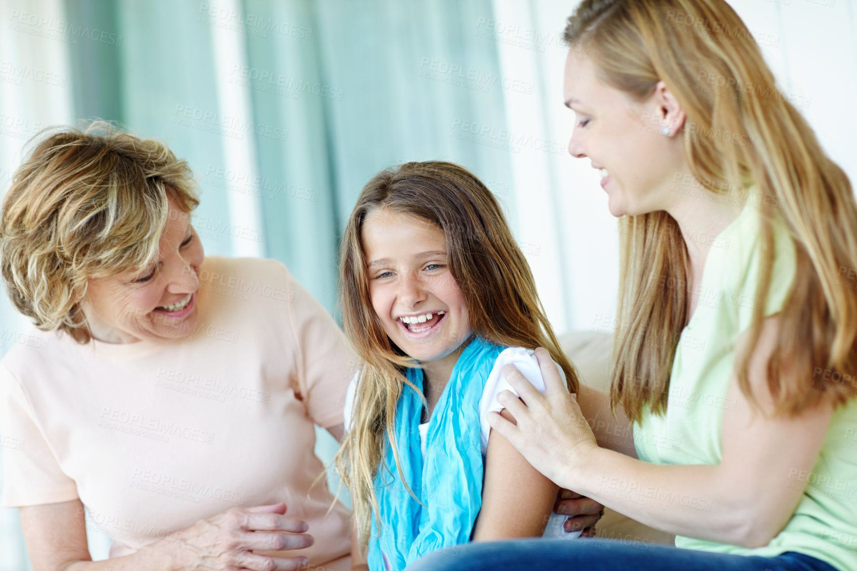 Buy stock photo Happy family, grandmother and laughing with kid, trust and relax on holiday or vacation for break. Senior woman, mother and child in bonding together for love, support and care as generation in house