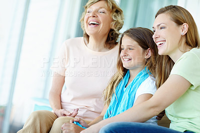 Buy stock photo Senior woman, grandmother and bonding with child, trust and relax on holiday or vacation for break. Happy family, mother and kid in laughing together for love, support and care as generation in house