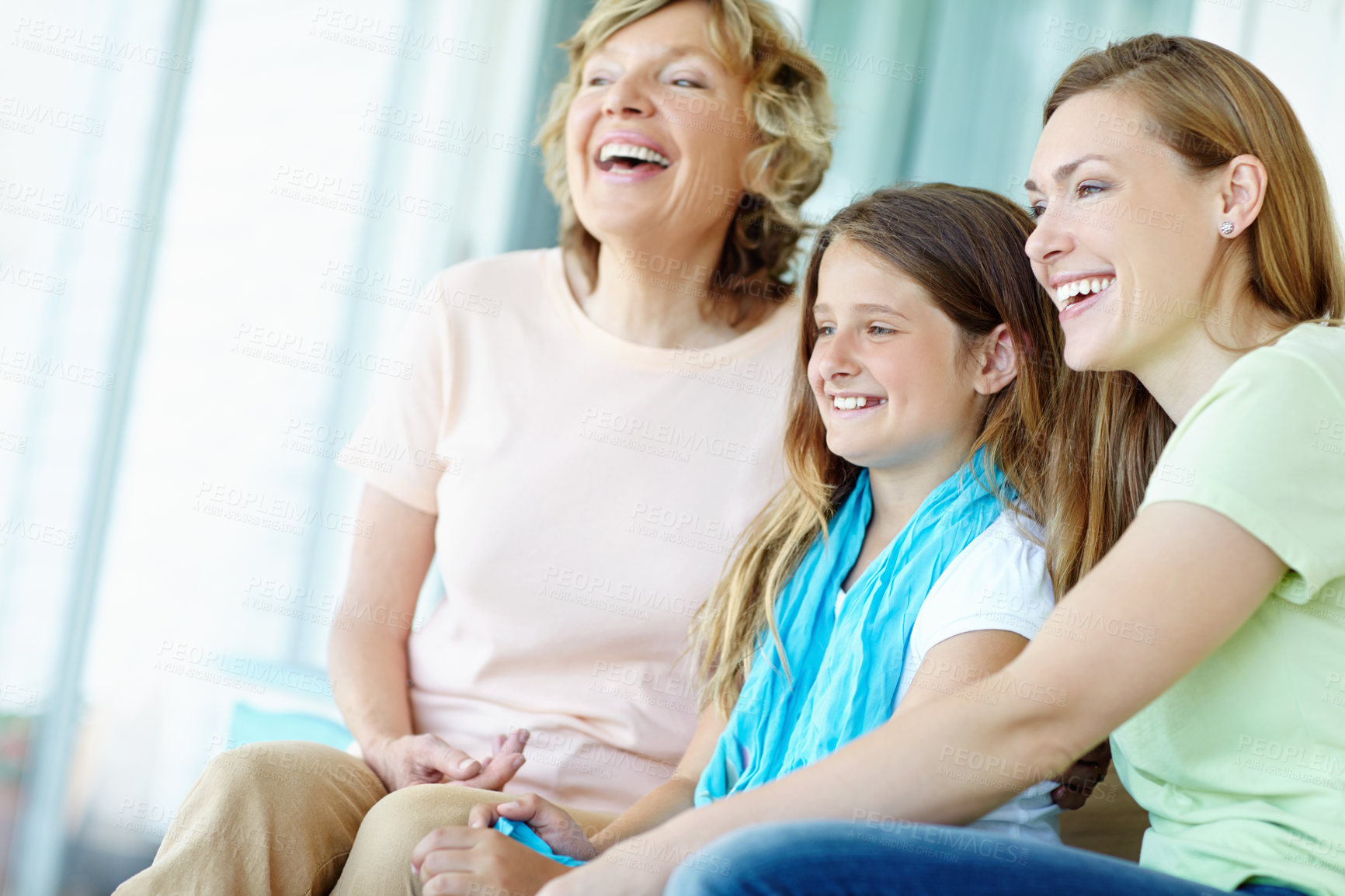 Buy stock photo Senior woman, grandmother and bonding with child, trust and relax on holiday or vacation for break. Happy family, mother and kid in laughing together for love, support and care as generation in house