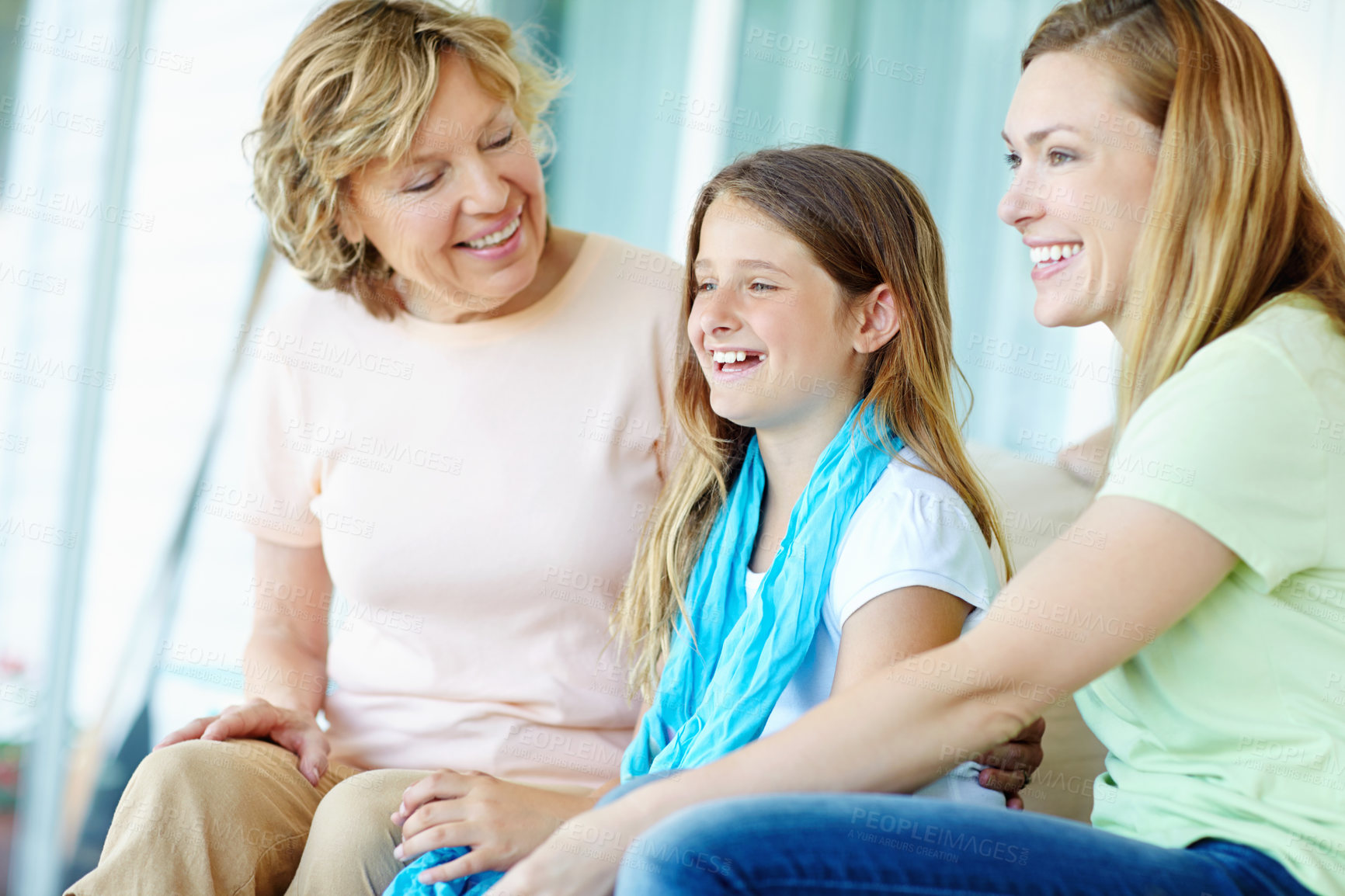 Buy stock photo Senior woman, mother and laughing with child, trust and relax on holiday or vacation for break. Happy family, grandmother and kid in bonding together for love, support and care as generation in house