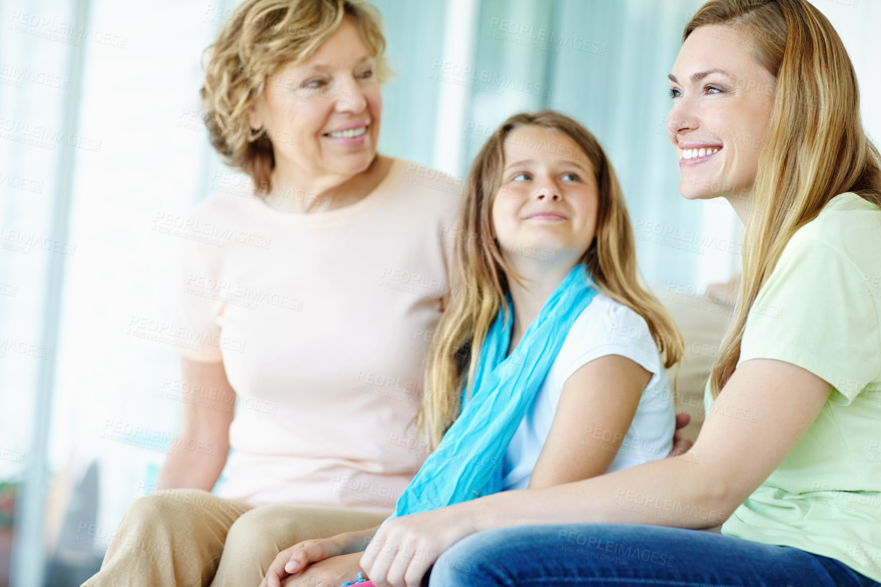 Buy stock photo Senior woman, mother and happiness with child, trust and relax on holiday or vacation for break. Family home, grandmother and kid in bonding together for love, support and care as generation in house