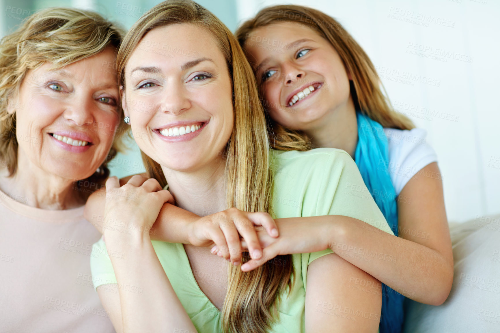 Buy stock photo Hug, happy kid and mother with grandmother for family generations with care, love and bonding together. Face, grandparent and child embrace mom for support, connection and relax with women at home