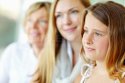 Buy stock photo Child, thinking and grandmother with family home, trust and relax on holiday or vacation for break. Senior woman, mother and kid in bonding together for love, support and care as generations in house