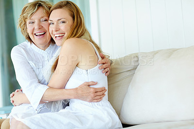 Buy stock photo Portrait, mature mother and daughter laugh on sofa with bonding, smile and morning embrace in living room together. Relax, senior mom and girl with happy hug for love, care and support in family home