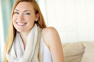 Buy stock photo Woman, happy or portrait in home space for relax, comfort or wellness in Australia. Person, smile or stress free in lounge for weekend chill, me time or peace of mind with positivity and satisfaction