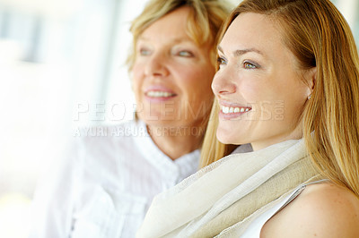 Buy stock photo Thinking, mature mother and daughter at house for reflection of family memories, relax and bonding together. Smile, women and mom contemplating with nostalgia for relationship, love and connection