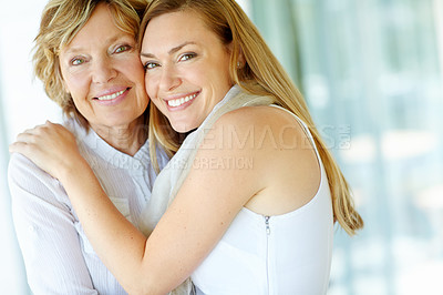 Buy stock photo Portrait, mature mom and daughter hug in home with morning bonding, smile and care in living room together. Relax, senior mother and girl with happy face for love, support and embrace in apartment