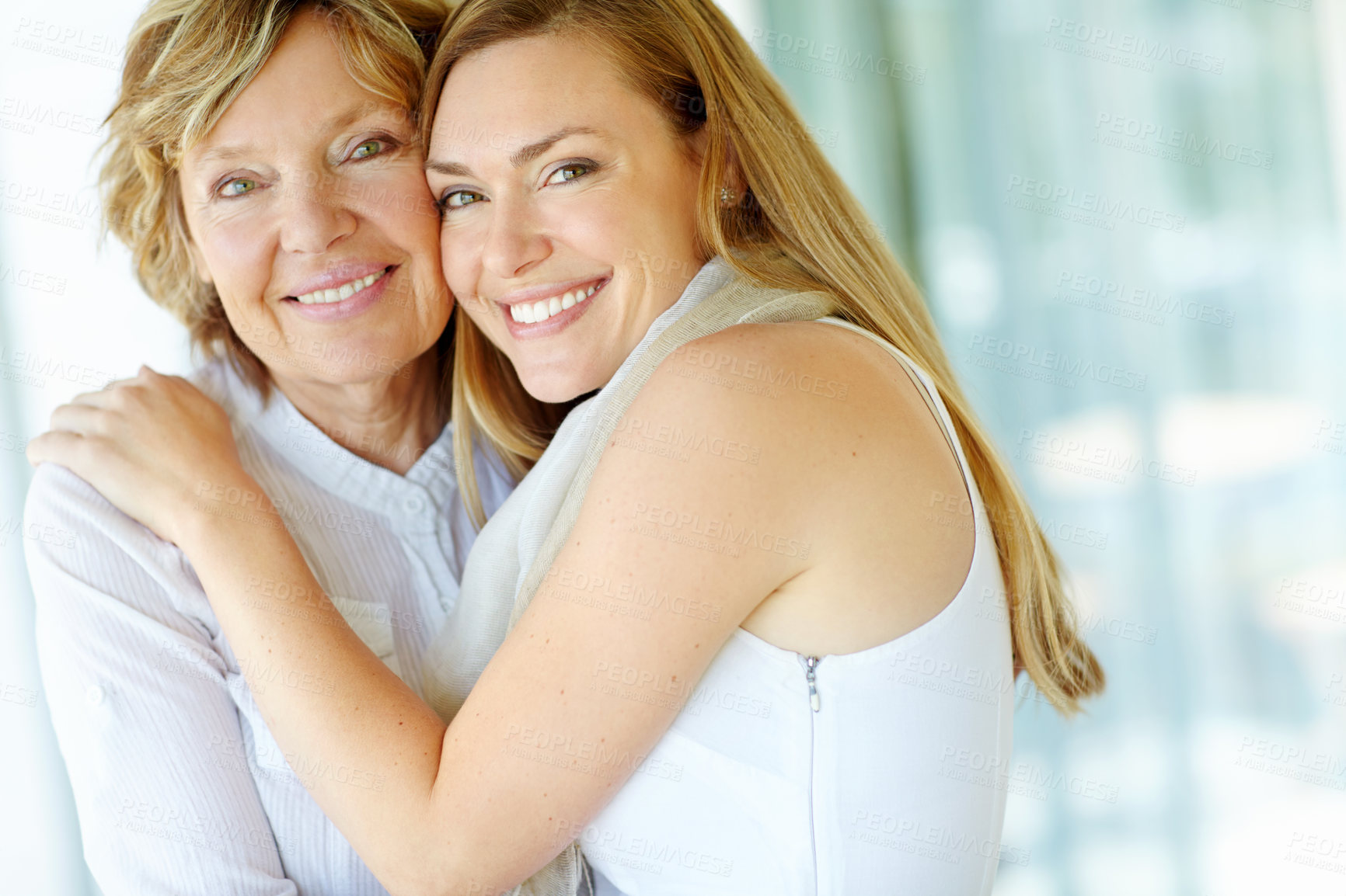 Buy stock photo Portrait, mature mom and daughter hug in home with morning bonding, smile and care in living room together. Relax, senior mother and girl with happy face for love, support and embrace in apartment