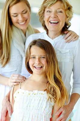 Buy stock photo Laughing, child and mother with grandmother in home for family generations with care, love and bonding. Face, mom and girl with grandparent for support, smile and funny women together in living room