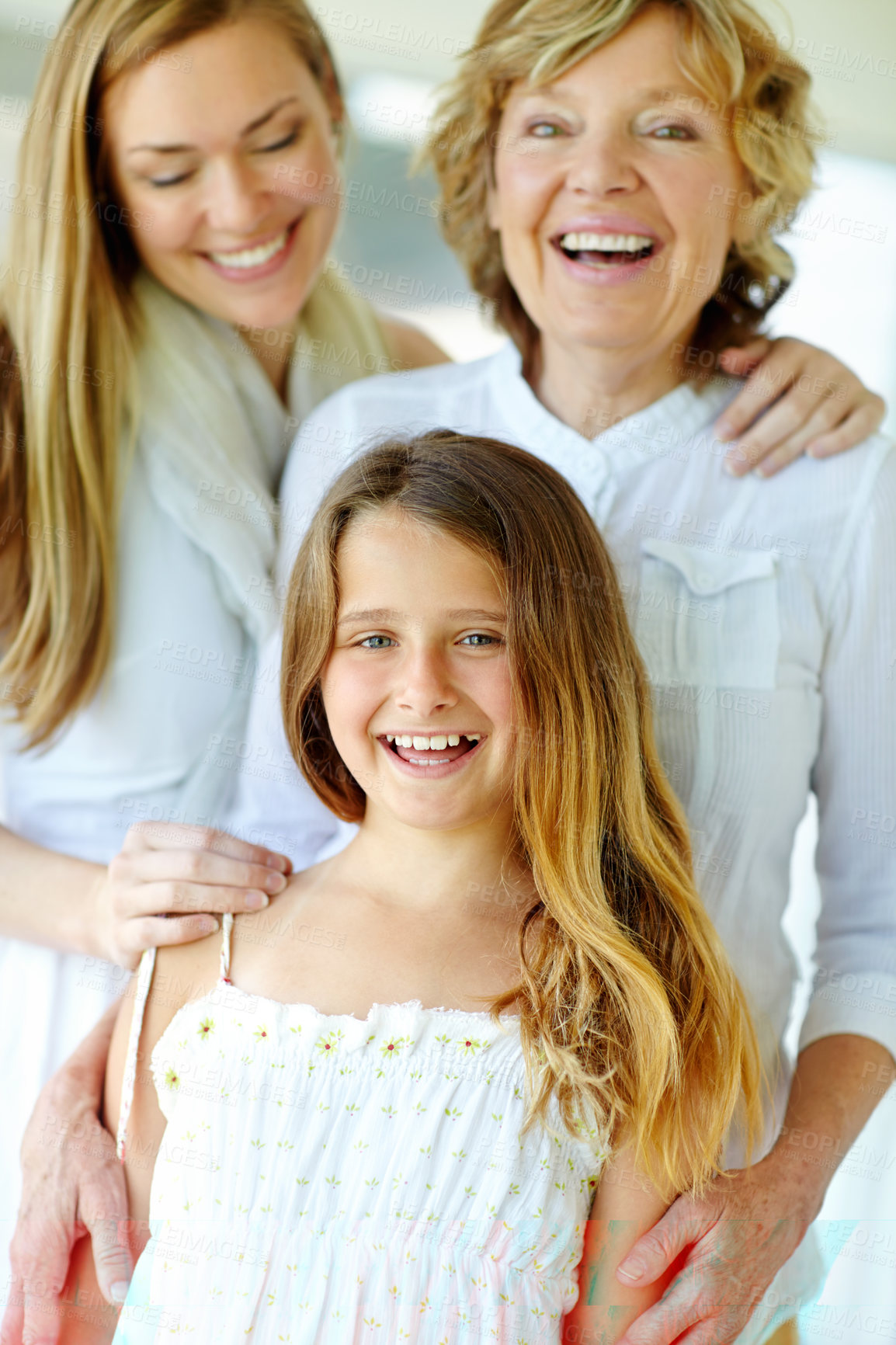 Buy stock photo Laughing, child and mother with grandmother in home for family generations with care, love and bonding. Face, mom and girl with grandparent for support, smile and funny women together in living room