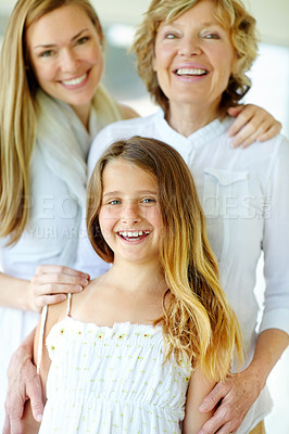 Buy stock photo Portrait, child and mother with grandmother laughing with family generations, love and care. Face, mom and girl with grandparent for support, smile and funny women bonding together at home in USA