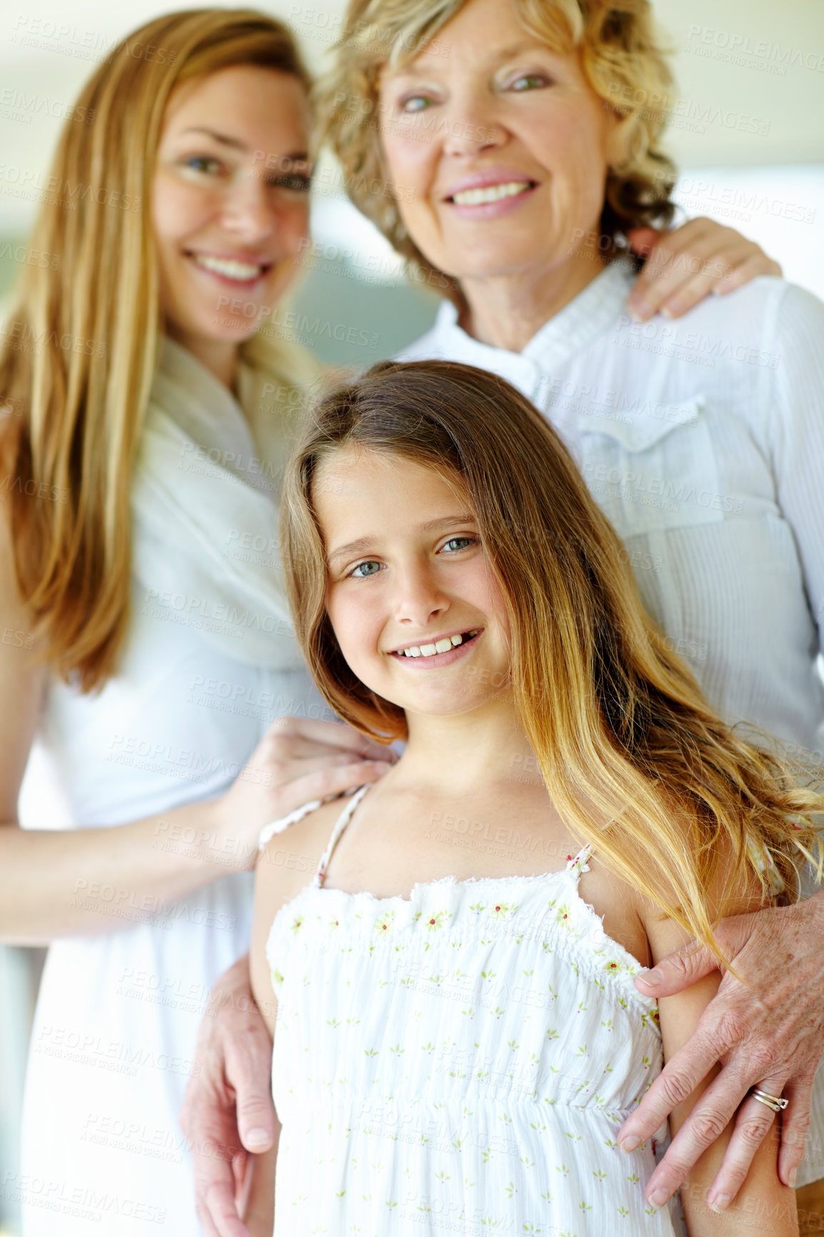 Buy stock photo Portrait, happy child and mother with grandmother in home with family generations, love and care. Face, mom and girl with grandparent for support, smile and women bonding together in house in USA
