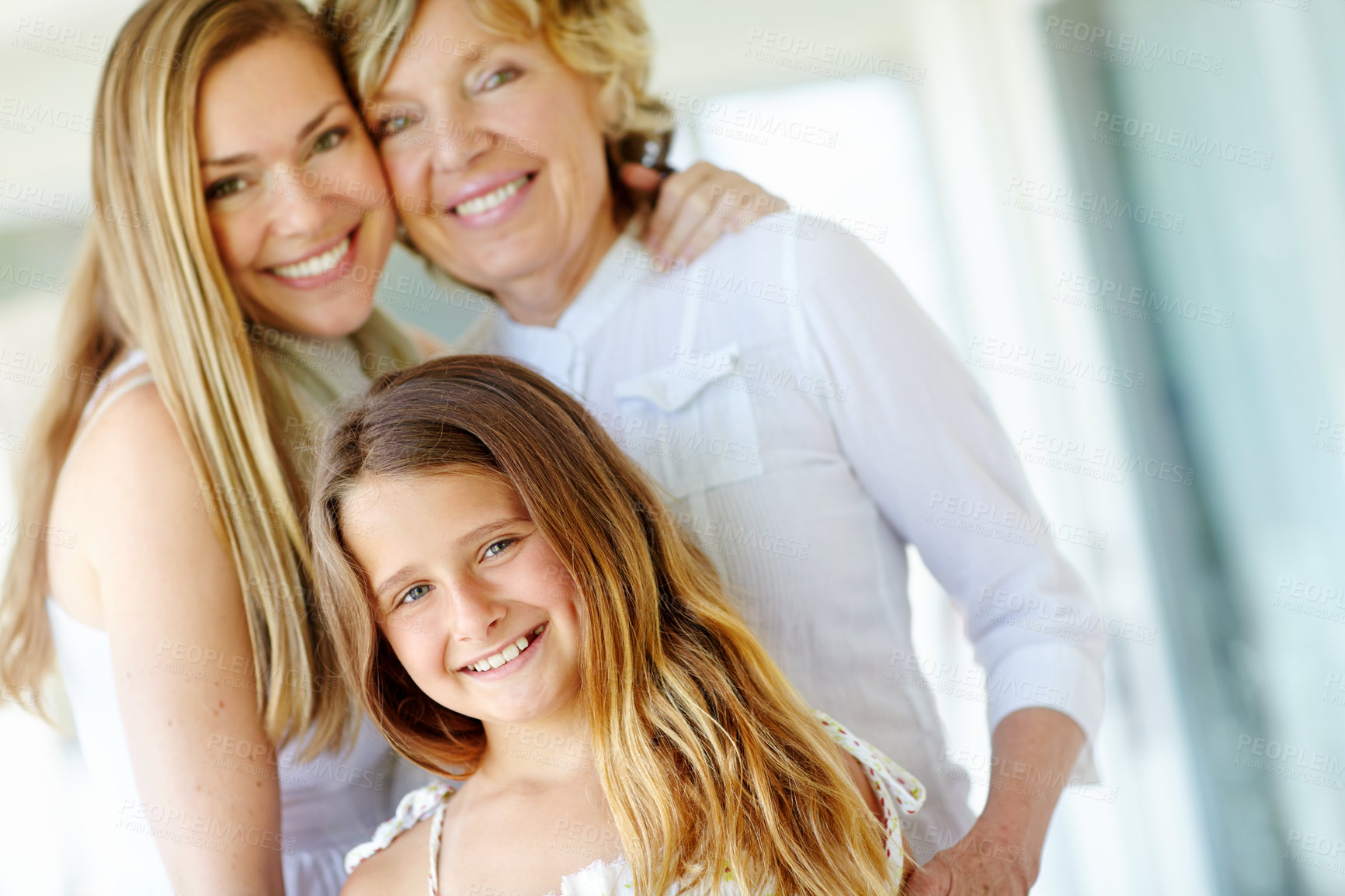 Buy stock photo Portrait, happy kid and mother with grandmother in family home with generations, love and care. Face, mom and girl with grandparent for support, smile and women bonding together in living room in USA