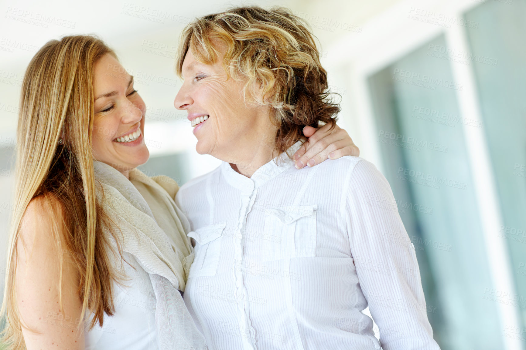 Buy stock photo Smile, mature mother and daughter with hug at house for love, family support and bonding together. Happy, women and mom with embrace for relationship, trust and connection growth of carefree weekend