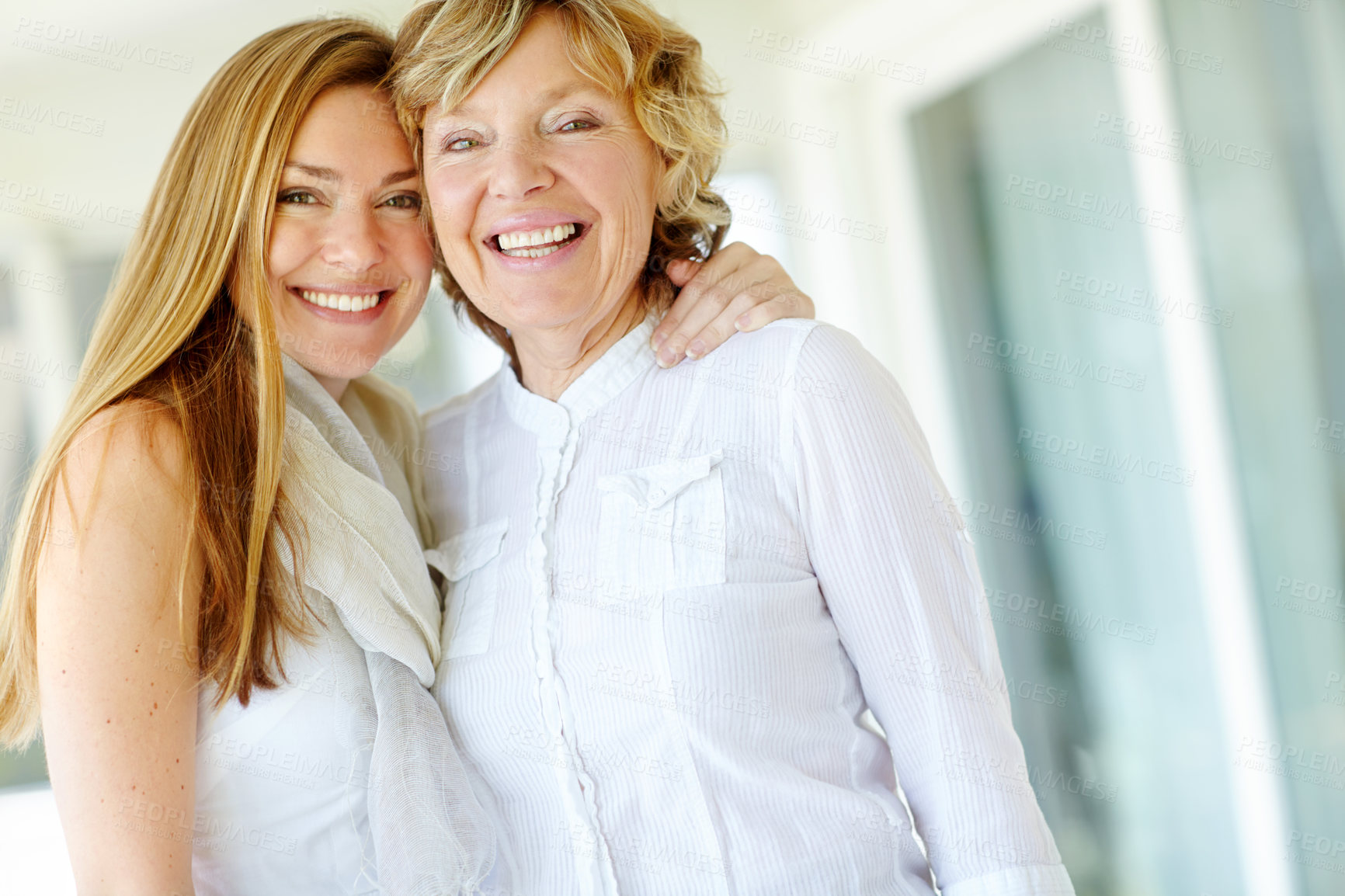 Buy stock photo Portrait, mature mom and daughter hug in home with morning bonding, smile and care in living room together. Relax, senior mother and girl with happy face for love, embrace and support in apartment