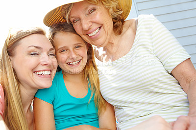 Buy stock photo Family, happy child and mother with grandmother in portrait for generations, love and together. Face, mom and kid with grandparent for support, care and women relax at home backyard outdoor in Sweden