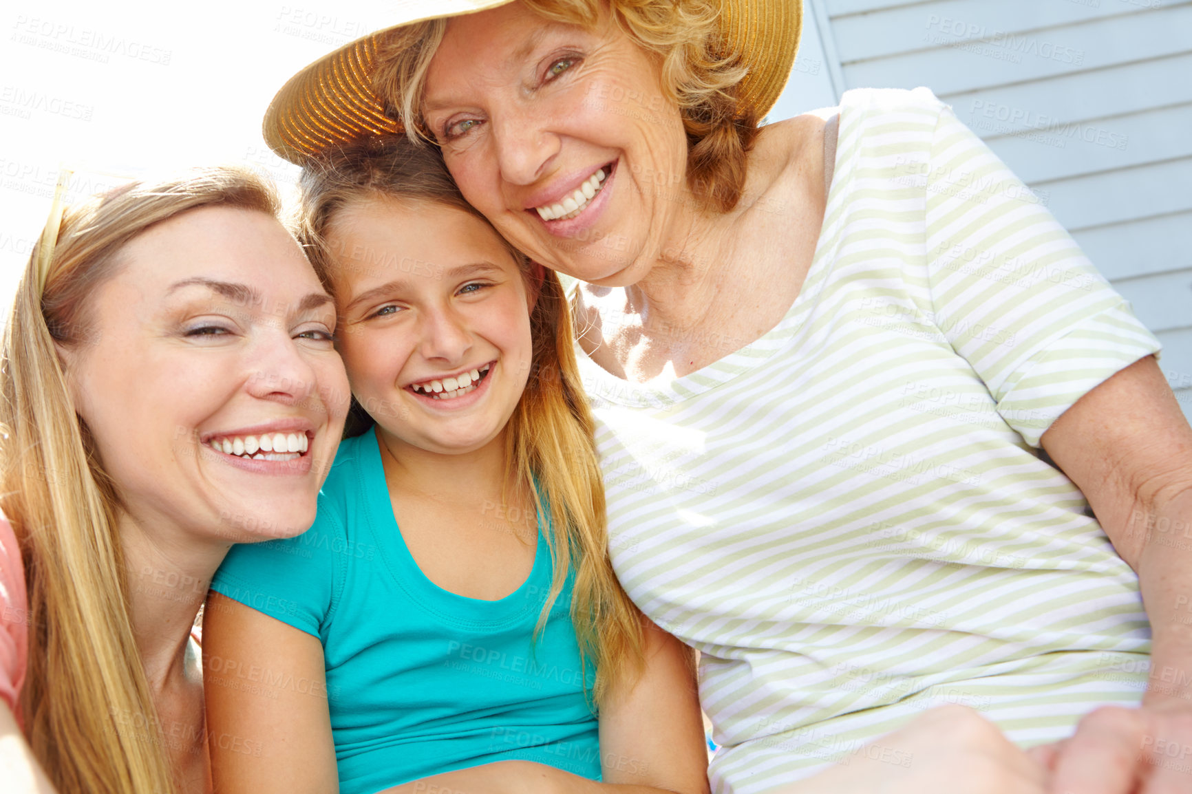 Buy stock photo Family, happy child and mother with grandmother in portrait for generations, love and together. Face, mom and kid with grandparent for support, care and women relax at home backyard outdoor in Sweden