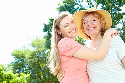 Buy stock photo Portrait, mature mother and daughter in garden with morning bonding, smile and fun embrace together. Love, senior mom and girl with happy face for hug, care and relax in backyard with mockup space