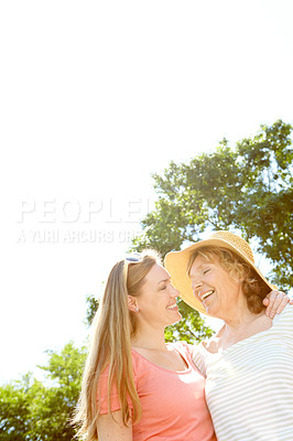 Buy stock photo Park senior mother and daughter with smile for love, support and relax in Germany. People, parent and happiness outdoor in garden with sky for holiday, break and nature for bonding and respect